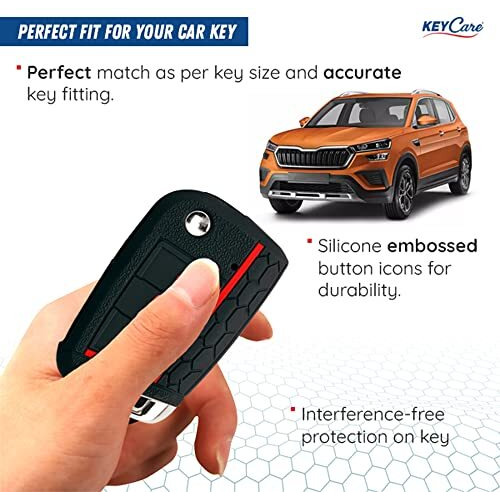 Keycare Silicone Key Cover Compatible For Skoda Kylaq, Slavia, Kodiaq, Kushaq, Octavia, Karoq, Superb 3 Button Flip Key (Black)
