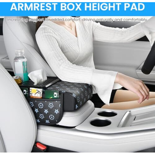 Sthira Pu Armrest For Car Center Console 4 In 1 Car Armrest With Cup Holder Tissue Paper Box Pocket Fashion Armrest Cushion Pad For Car Universal Car Arm Rest Cushion Comfort Car Hand Rest 35*19*8Cm