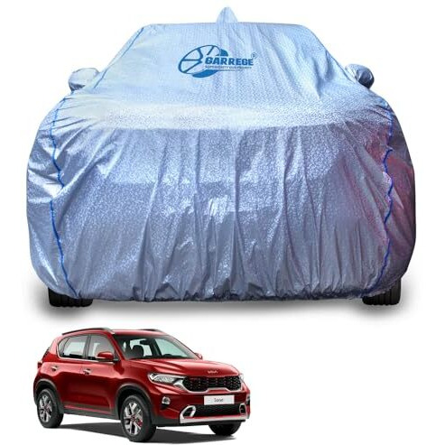 GarregeMetallic Silver Triple Coated Inner Soft Lining Cotton Waterproof Car Body Cover With Mirror Antena Pocket Blue Strap Style For Kia Sonet All Models Cover (Box Printed Silver)