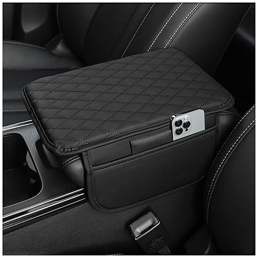 Hmaa Car Center Console Armrest Cover Pad Fashion Pu Leather Car Armrest Cushion Universal Fit For Suv/Truck/Car, Auto Armrest Seat Box Cover With 2 Mobile Pockets,