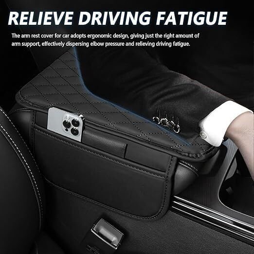 Hmaa Car Center Console Armrest Cover Pad Fashion Pu Leather Car Armrest Cushion Universal Fit For Suv/Truck/Car, Auto Armrest Seat Box Cover With 2 Mobile Pockets,