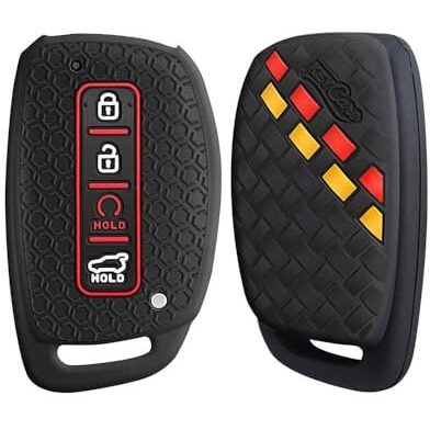 Keycare Silicone Key Cover Compatible For Alcazar And Creta 2021 With 4 Button Smart Key (Black With Red/Black Full Leather Keyholder)