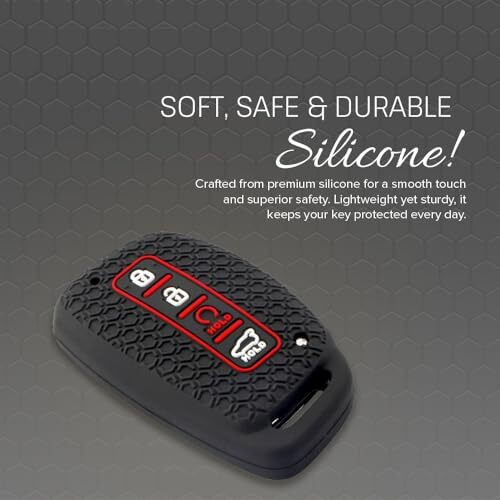 Keycare Silicone Key Cover Compatible For Alcazar And Creta 2021 With 4 Button Smart Key (Black With Red/Black Full Leather Keyholder)
