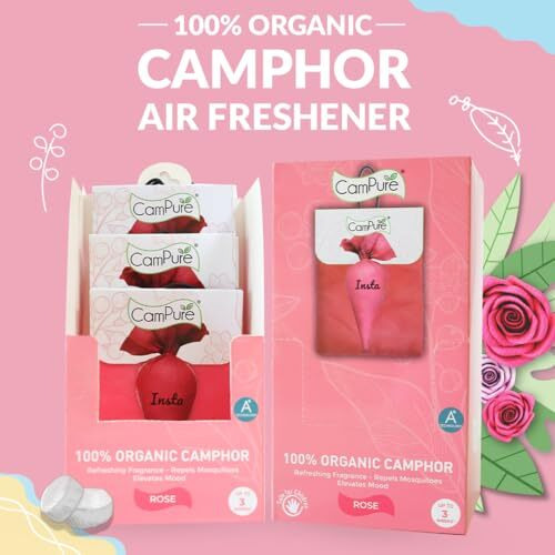 Campure Camphor Insta Pouch (Rose) Pack Of 3-100% Organic | Air Freshener For Car, Wardrobe, Office Cabin's, Drawers, Travel Bag & Bathroom