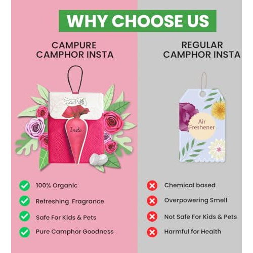 Campure Camphor Insta Pouch (Rose) Pack Of 3-100% Organic | Air Freshener For Car, Wardrobe, Office Cabin's, Drawers, Travel Bag & Bathroom