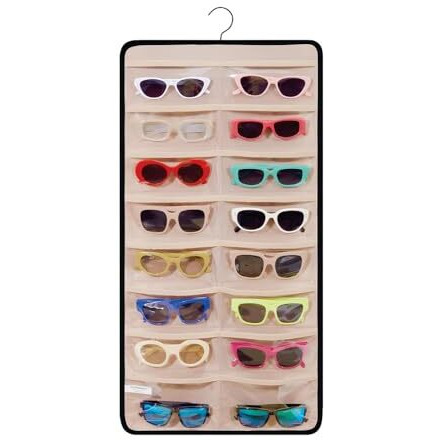Blendmix Sunglasses Organizer Storage Hanging Dust Proof Sunglasses Storage Case Wall Mounted, Travel Dual Sided Glasses Case Multiple Pairs, Eyeglasses Holder With 24 Clear Slots (Ivory)