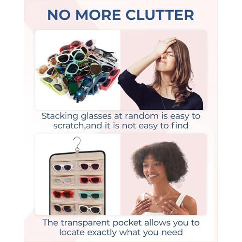 Blendmix Sunglasses Organizer Storage Hanging Dust Proof Sunglasses Storage Case Wall Mounted, Travel Dual Sided Glasses Case Multiple Pairs, Eyeglasses Holder With 24 Clear Slots (Ivory)