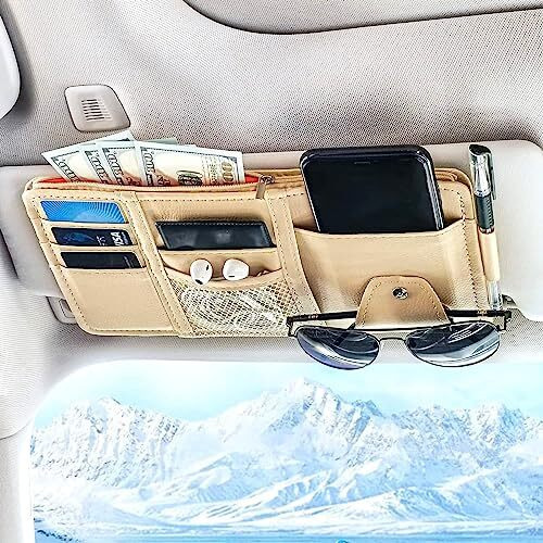 Sarte Car Sun Visor Organizer Multi-Function Car Space With Multi-Pocket Net Zipper Car Storage Organizer And Sunglass Holder Pu Leather For Car (Beige)