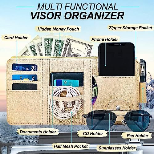 Sarte Car Sun Visor Organizer Multi-Function Car Space With Multi-Pocket Net Zipper Car Storage Organizer And Sunglass Holder Pu Leather For Car (Beige)
