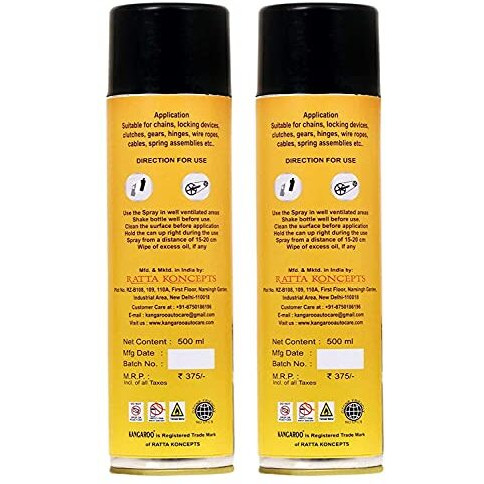Kangaroo Chain Lubricant Spray (Pack Of2) Of 500Ml Each | Chain Lube Grease| Multipurpose Spray, Rust Remover, Lubricant, Stain Remover, Degreaser, And Cleaning Agent