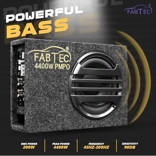 Fabtec 8 Inch Under Seat Active Subwoofer Bass Tube For Cars (Inbuilt Amp, 200 Rms), Black