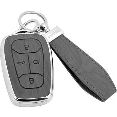 Keyzone Woodgrain Tpu Key Cover & Keychain For Tata Nexon, Harrier, Safari, Altroz, Punch, Tigor Smart Key (Oak Grey)