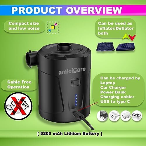 Amicicare Mini Air Pump, Type-C Rechargeable Inflator/Deflator With 3 Nozzles Attachments, Wireless Air Compressor For Air Beds, Inflated Pools, Etc