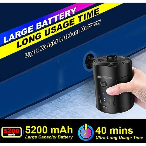 Amicicare Mini Air Pump, Type-C Rechargeable Inflator/Deflator With 3 Nozzles Attachments, Wireless Air Compressor For Air Beds, Inflated Pools, Etc