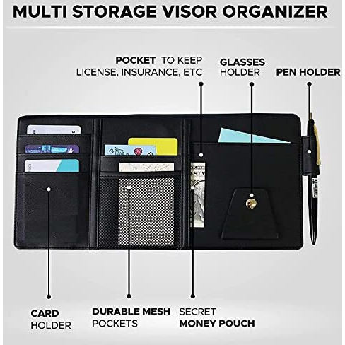 Brogbus Document Folder Car Visor Organizer Sun Visor Organizer For Car Pens, Sunglasses And Document Pockets (Black)