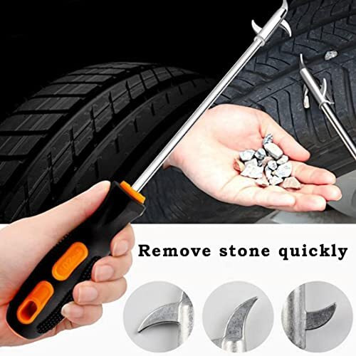 Big Size [Made In India] 2 In 1 Car Tire Cleaning Tool/Car Tyre Stone Removal Hook/Stone Remover From Tyre Ideal For Car Bike, Motorbike Tyres Groove With Strong Rubber Gip Handle(Wheel Protector)