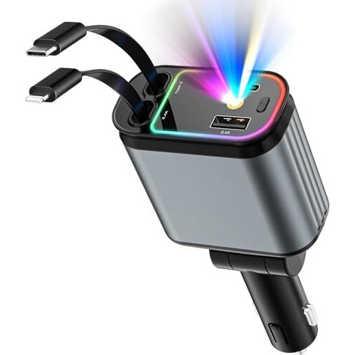 Joymass 66W Ultra Fast Car Charger  4 In 1 Retractable Charger With Usb-C & Lightning Cables & Starry Sky Spotlight, Dual Usb Ports, 180 Adjustable, Compatible With Ios & Type-C Devices (Dark-Grey)