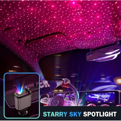 Joymass 66W Ultra Fast Car Charger  4 In 1 Retractable Charger With Usb-C & Lightning Cables & Starry Sky Spotlight, Dual Usb Ports, 180 Adjustable, Compatible With Ios & Type-C Devices (Dark-Grey)