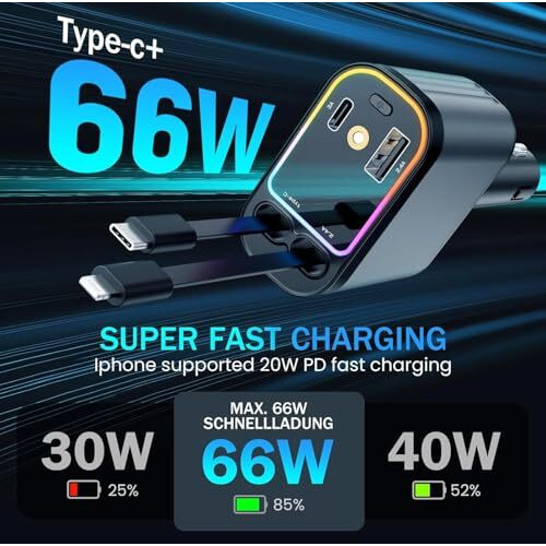 Joymass 66W Ultra Fast Car Charger  4 In 1 Retractable Charger With Usb-C & Lightning Cables & Starry Sky Spotlight, Dual Usb Ports, 180 Adjustable, Compatible With Ios & Type-C Devices (Dark-Grey)