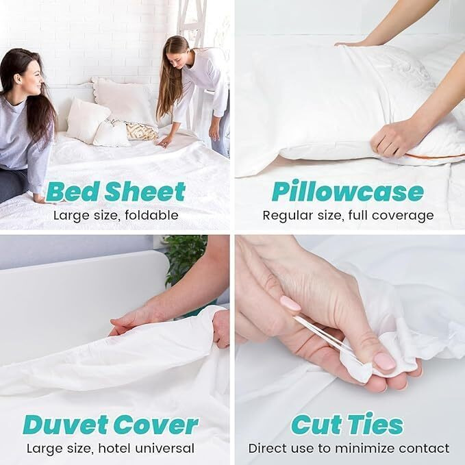 Kinjoru Disposable Bed Sheets Set For Hotel & Travel  Fitted Travel Sheets With Waterproof Quilt Cover & 2 Pillowcases  Soft, Portable Bedding For Hotel, Hospital, & Travel  4-Piece Pack