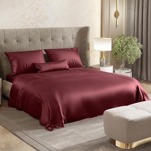 Haus & Kinder Premium Satin Royale Crimson Velvet Bedsheets, King Flat Bedsheet With 2 Pillow Cover Set, 300 Tc For Summers/Winter, Gift For Couples, Romantic Dates, Wedding