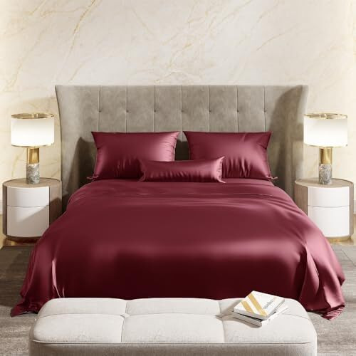 Haus & Kinder Premium Satin Royale Crimson Velvet Bedsheets, King Flat Bedsheet With 2 Pillow Cover Set, 300 Tc For Summers/Winter, Gift For Couples, Romantic Dates, Wedding
