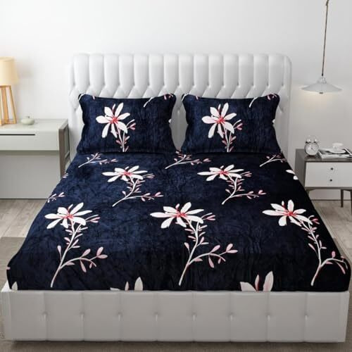 Bhavya Apparel Double Bed Bedsheet (72 X 78 Inch, Blue) | Flannel Feel Glace Soft Winter Double Bed Premium Elastic Fitted Bedsheet With 2 Pillow Cover