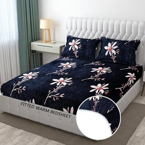 Bhavya Apparel Double Bed Bedsheet (72 X 78 Inch, Blue) | Flannel Feel Glace Soft Winter Double Bed Premium Elastic Fitted Bedsheet With 2 Pillow Cover