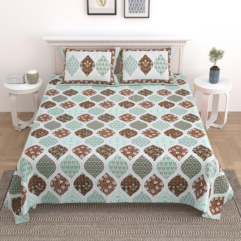 Kotts & Stitch Jaipuri Ajrak Print Cotton Double Bedsheet | With 2 Pillow Covers | 93X108, Fast Colors, Traditional Jaipuri Print, No Shrinkage, 210 Tc | Brown & Green Colour
