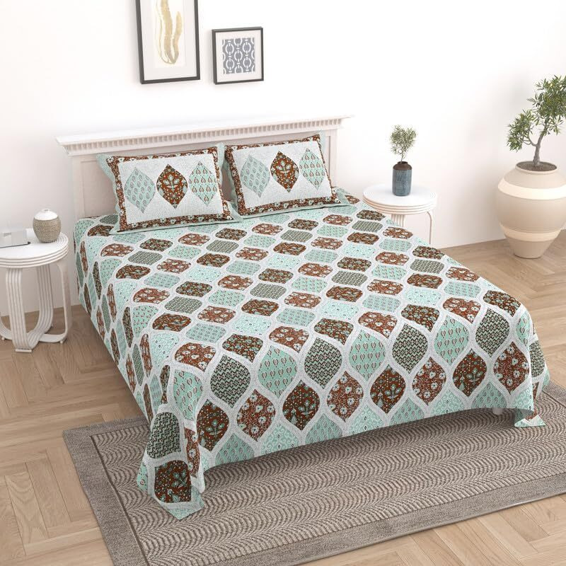 Kotts & Stitch Jaipuri Ajrak Print Cotton Double Bedsheet | With 2 Pillow Covers | 93X108, Fast Colors, Traditional Jaipuri Print, No Shrinkage, 210 Tc | Brown & Green Colour