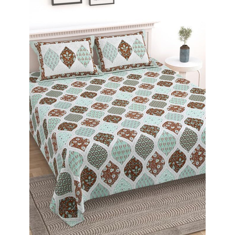 Kotts & Stitch Jaipuri Ajrak Print Cotton Double Bedsheet | With 2 Pillow Covers | 93X108, Fast Colors, Traditional Jaipuri Print, No Shrinkage, 210 Tc | Brown & Green Colour