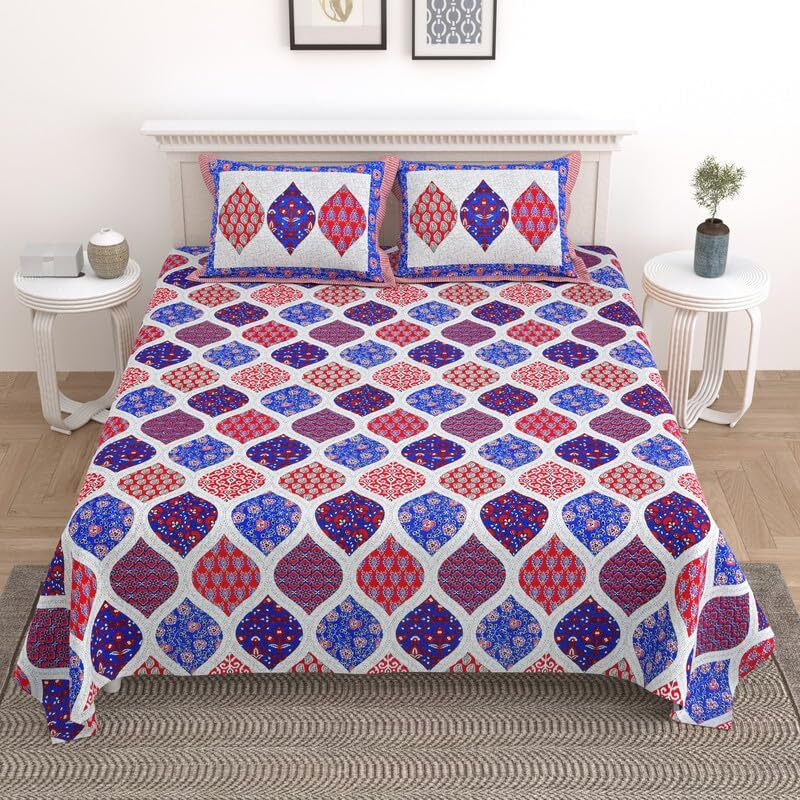 Kotts & Stitch 100% Cotton Rajasthani Jaipuri Traditional King Size Double Bed Bedsheet With 2 Pillow Covers| 210 Tc | 237X274 Cm | Jaipuri Ajrak Print