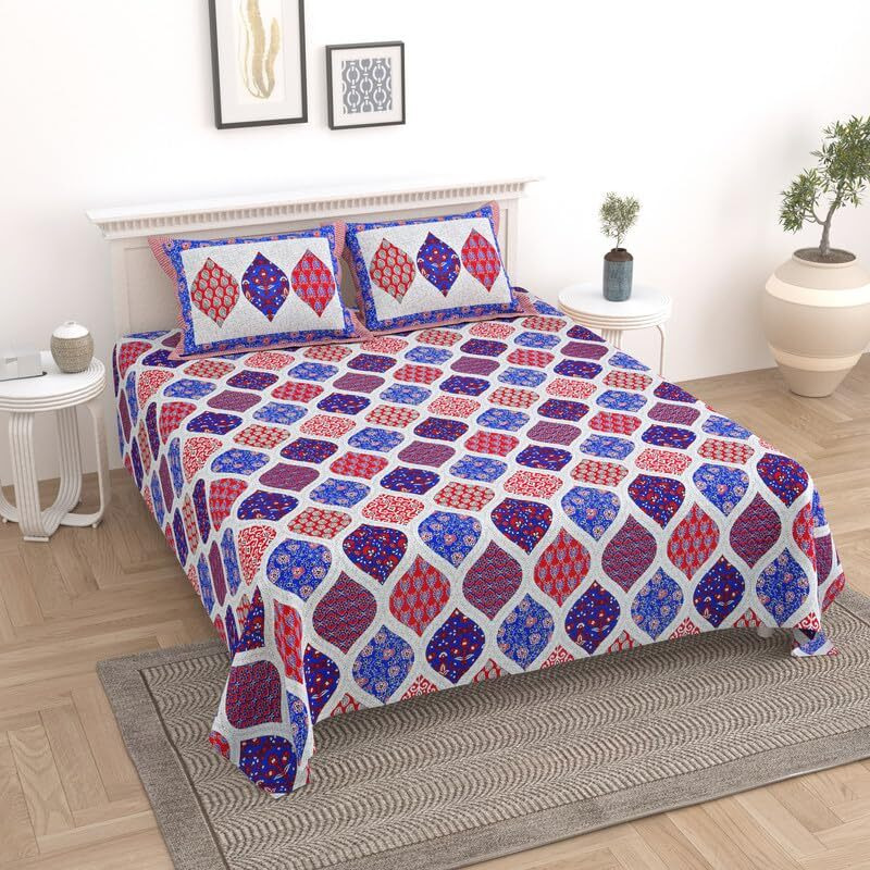 Kotts & Stitch 100% Cotton Rajasthani Jaipuri Traditional King Size Double Bed Bedsheet With 2 Pillow Covers| 210 Tc | 237X274 Cm | Jaipuri Ajrak Print
