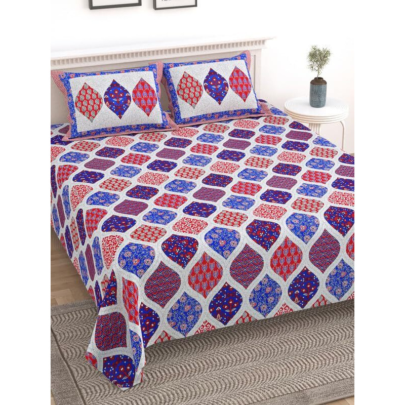 Kotts & Stitch 100% Cotton Rajasthani Jaipuri Traditional King Size Double Bed Bedsheet With 2 Pillow Covers| 210 Tc | 237X274 Cm | Jaipuri Ajrak Print