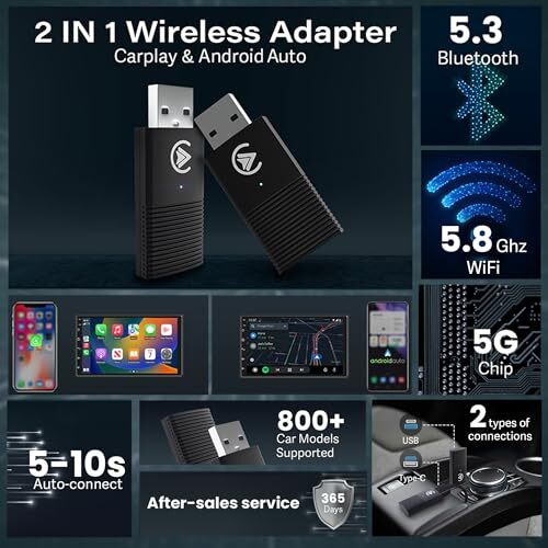 Carlizem Latest 2025 Wireless Carplay And Android Auto Adapter 2-In-1 | Quick Connection & Auto Reconnect | Bluetooth 5.3 & 5.8Ghz Wifi| High Performance | Easy To Use & Setup Ios & Android