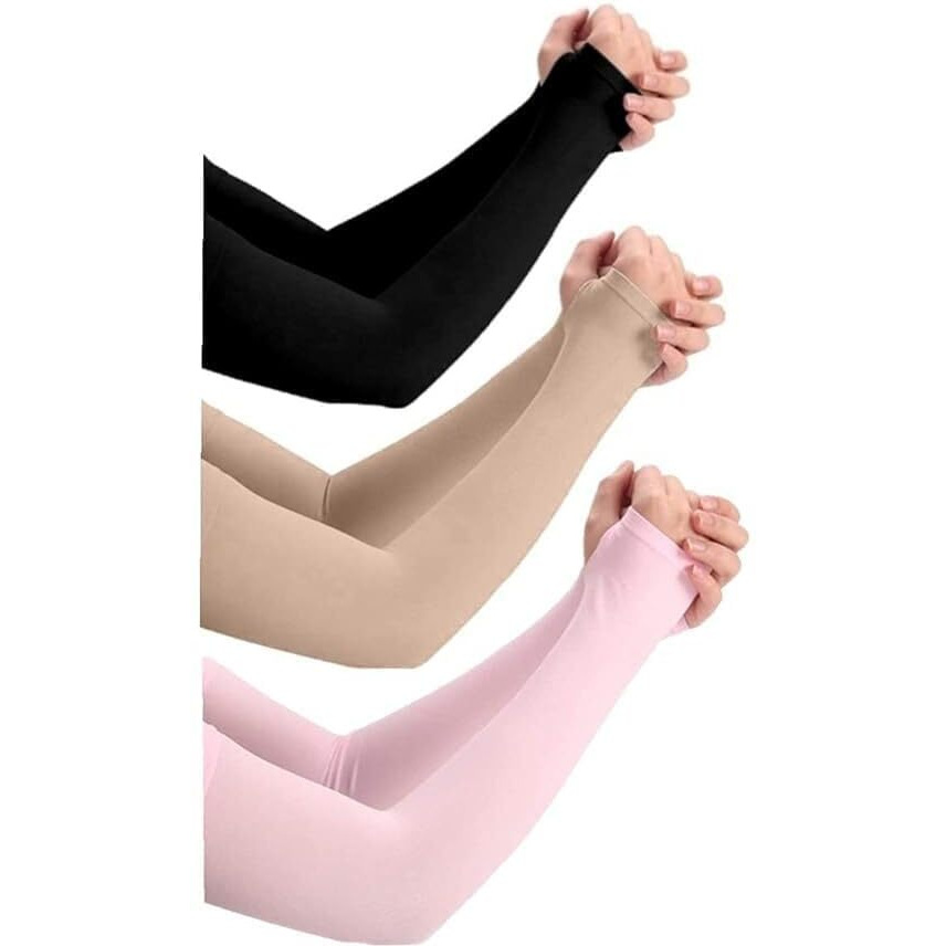 Pursue Fashion Unisex Full Arm Fingerless Sleeves Gloves For Uv, Dust, Summer, Uv Sun Protection Arm Sleeves For Men & Women, Protection Arm Sleeves (Black, Beige, Pink, 3 Pair)