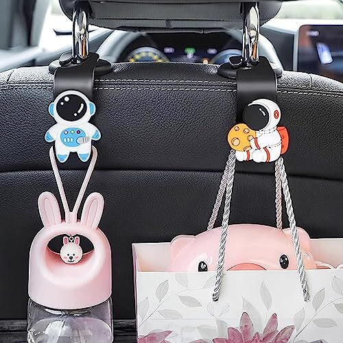 Wolpin Car Backseat Headrest Hook/Hanger Universal Durable Organiser Space Saver For Handbag, Wallets, Keys, Grocery Bags (Astronauts, Pack Of 2) Metal, Black
