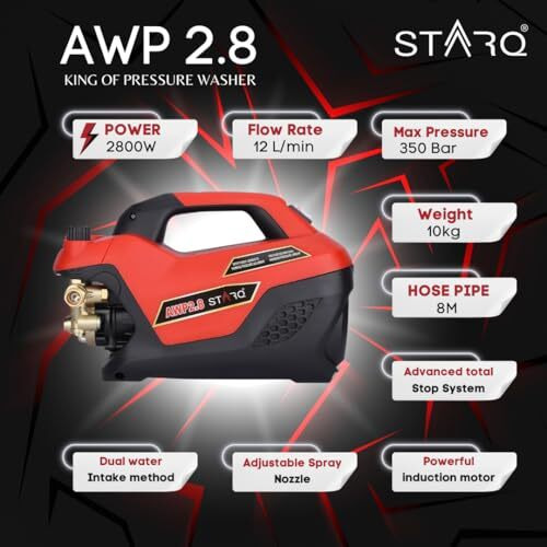 Starq Awp2.8 | 350 Bar 2800W | Heavy Duty High Pressure Washer For Car, Bike, Home | Pressure Adjustable | Red