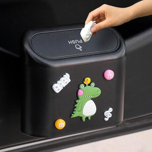 Wolpin Pp Car Trash Bin Can Holder Dustbin Hanging- Black (15.5 X 14 Cm) Press Top Waste Bin With Cute Stickers