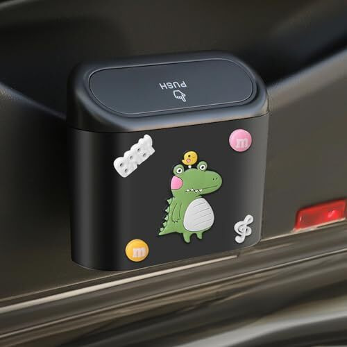 Wolpin Pp Car Trash Bin Can Holder Dustbin Hanging- Black (15.5 X 14 Cm) Press Top Waste Bin With Cute Stickers