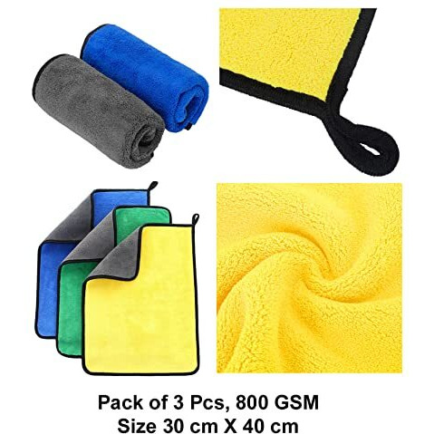 Max 800 Gsm Microfiber Cloth For Car Cleaning (3 Pcs) - Ultra Soft, Thick Plush, Double Sided Microfiber Towel For Car Cleaning, Washing, Detailing, 30 X 40 Cm, Multicolour