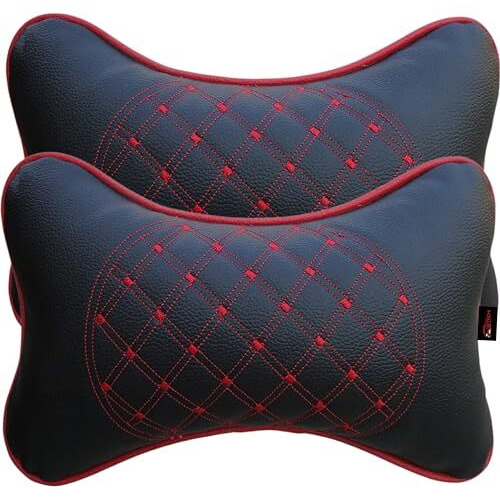 Detachi Faux Leather Car Neck Rest Pillow/Cushion Set Of Pillows Compatible With All Cars (Black, With Red Embroidery) - Pack Of 2 Pieces