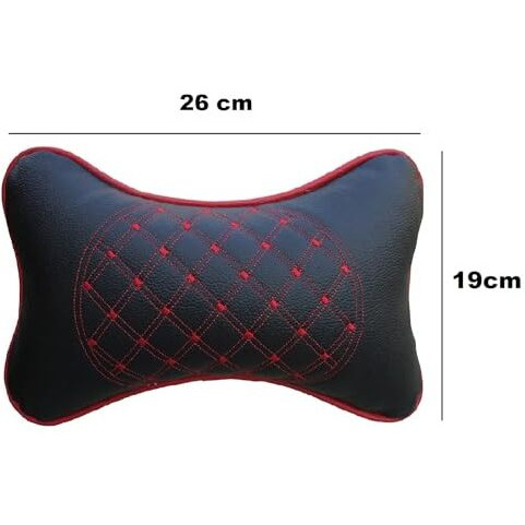 Detachi Faux Leather Car Neck Rest Pillow/Cushion Set Of Pillows Compatible With All Cars (Black, With Red Embroidery) - Pack Of 2 Pieces