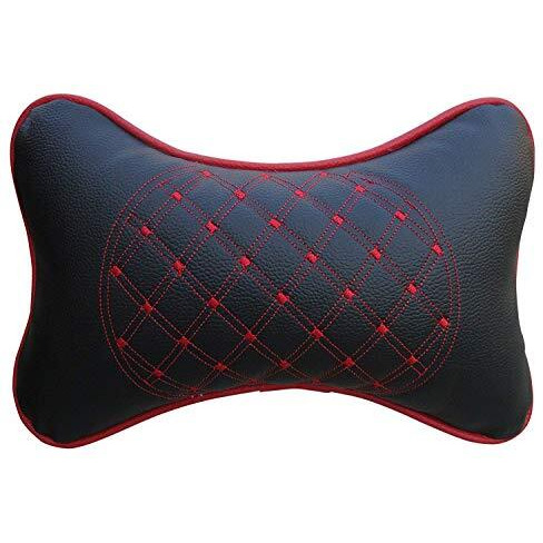 Detachi Faux Leather Car Neck Rest Pillow/Cushion Set Of Pillows Compatible With All Cars (Black, With Red Embroidery) - Pack Of 2 Pieces