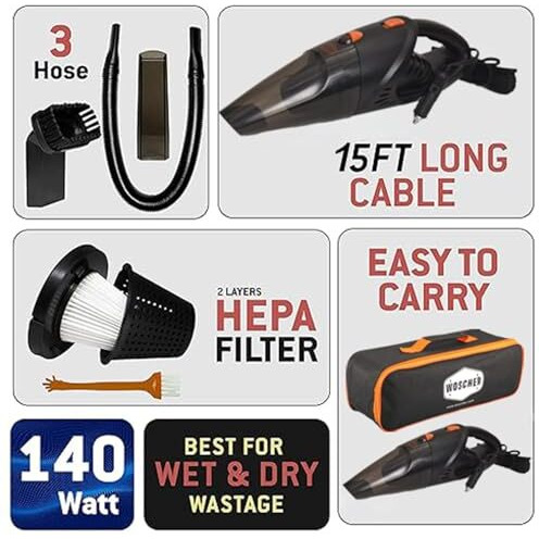 Woscher 2003 High Power Auto Car Vacuum Cleaner For Deep Cleaning, Hand Held Portable Cars Vacuum For Car Cleaning With Dc 12V, 140W Vacuum Motor & 5000 Pa Powerful Suction, Black