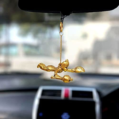 Craftvatika Metal Flying Hanuman For Car Door Window Hanging, Metal Hanuman Ji Idol For Car Dashboard Hanging (5 Inches Height, Golden)