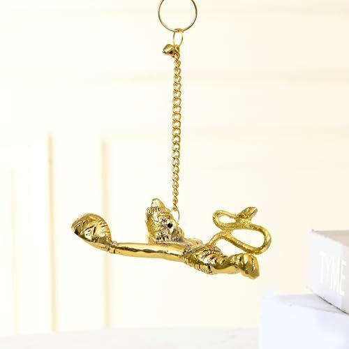 Craftvatika Metal Flying Hanuman For Car Door Window Hanging, Metal Hanuman Ji Idol For Car Dashboard Hanging (5 Inches Height, Golden)