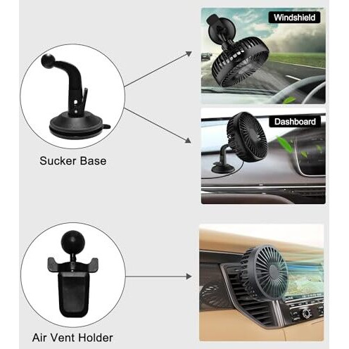Amzdigi Car Fan, Mini Usb Fan For Car Front Passengers With Air Vent Holder/Sucker Base, Powerful 3 Speed Car Cooling, Quiet Brushless Motor With 360 Degree Adjustable Head For Suv, Rv, Vehicles
