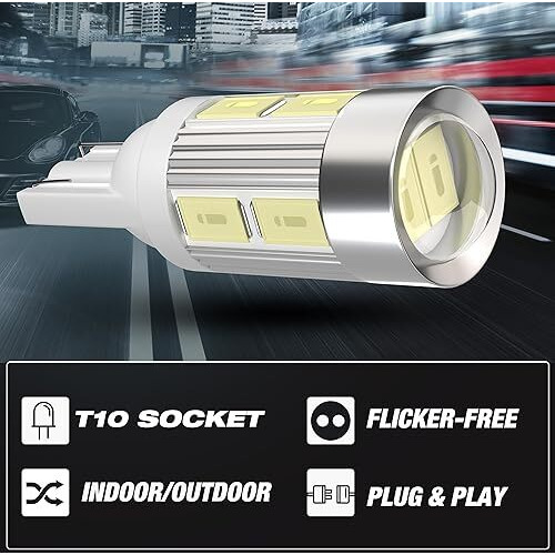 Allextreme Ext10Sw Universal T10 Led Parking Light 10 Smd Super Bright Interior Pilot License Plate Dome Indicator Lamp Bulb For Car Bike And Motorcycle (3W, White, 2 Pcs)