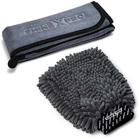 Shinexpro Microfiber Car Cleaning Cloth And Wash Mitt Kit - Includes Og Soft 500 Gsm Extra Large (35X75 Cm) Microfiber Cloth For Car And Dual Sided Chenille Microfiber Wash Mitt